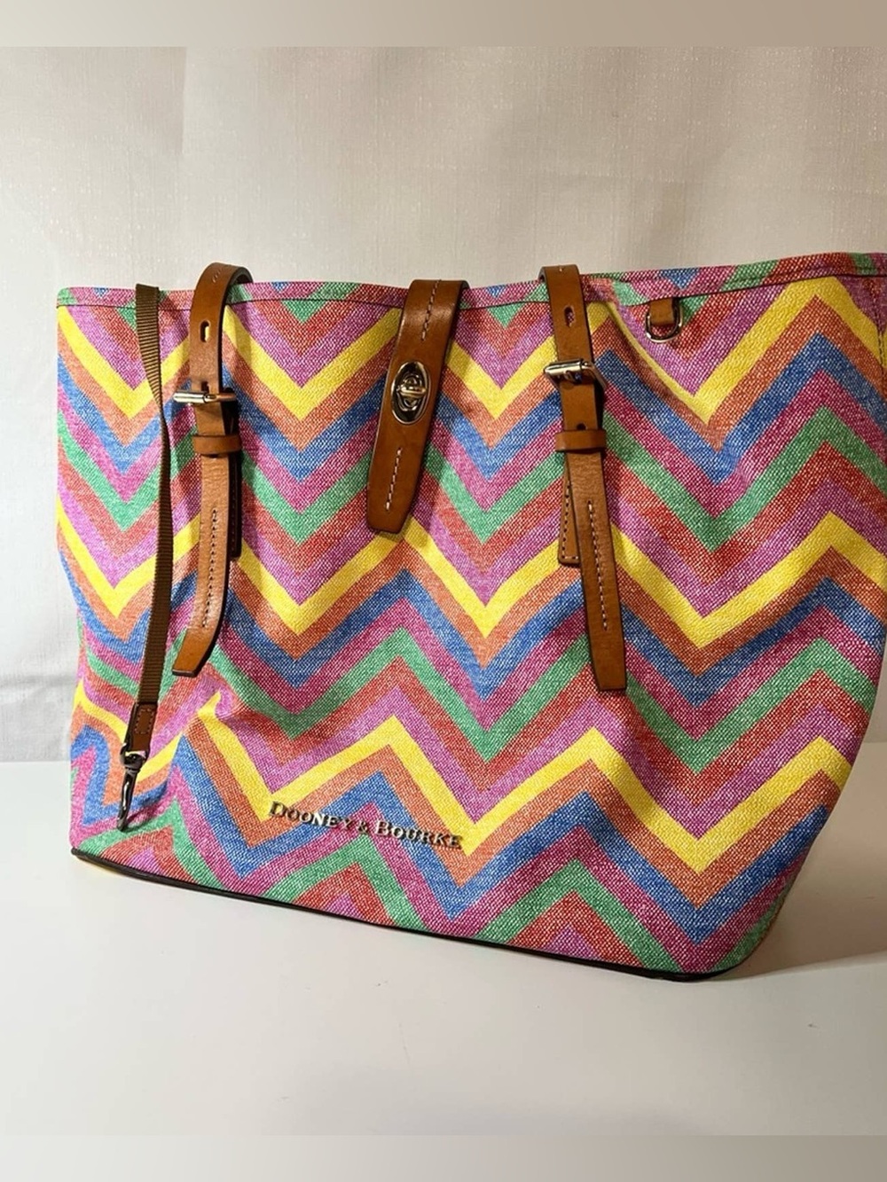 Dooney & Bourke Rainbow Chevron Canvas Tote with Brown Leather Straps